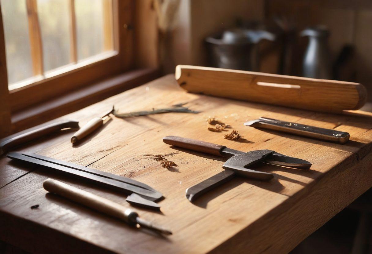 An artistic representation of various jimping tools laid out on a wooden workbench, showcasing their unique designs and textures. In the background, a skilled craftsman is carefully using a jimping tool on a knife blade, with sunlight filtering through a workshop window, creating an inviting atmosphere. Include intricate details like shavings of metal and wood scattered around the scene to emphasize craftsmanship. super-realistic. warm colors. inviting atmosphere.