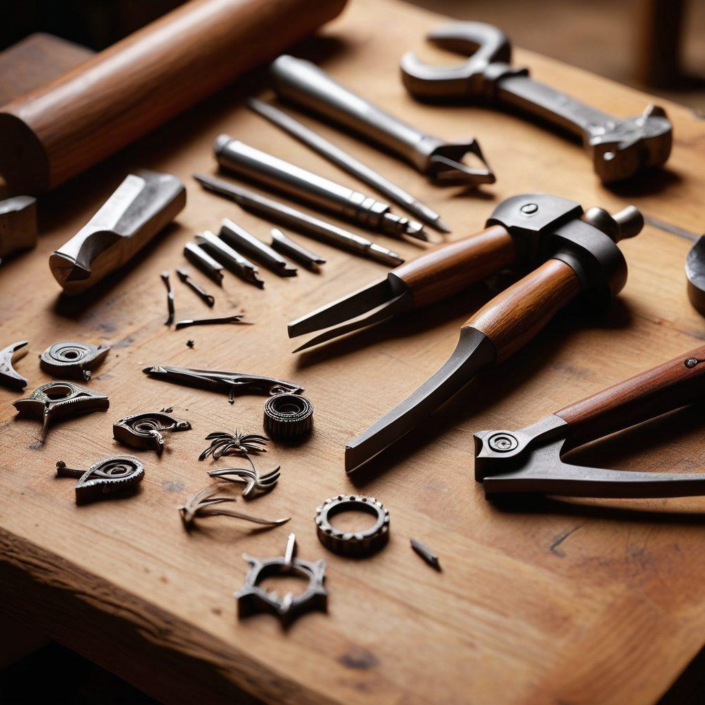An assortment of advanced jimping tools elegantly arranged on a wooden workbench, showcasing their sharp, intricate designs. Highlight a close-up of hands skillfully using a jimping tool on a piece of metal, with sparks flying to signify precision and efficiency. The background should have softly blurred workshop elements like machinery and blueprints to enhance the theme of craftsmanship. warm lighting. super-realistic.